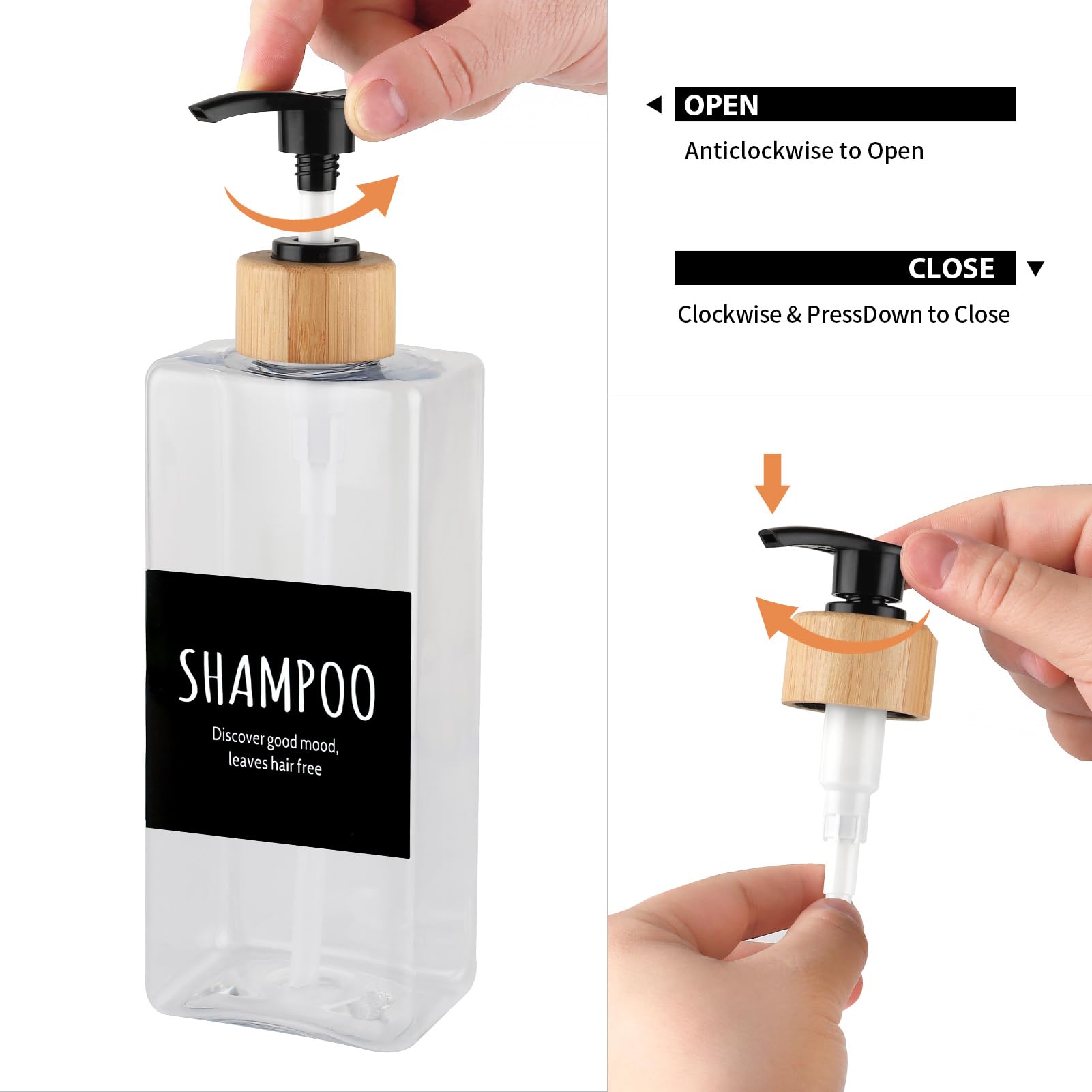 Shampoo and Conditioner Dispenser, Set of 3 16.9oz Refillable Shower Bottles Soap Dispenser with Waterproof Labels, Empty Plastic Bamboo Pump Body Wash Dispenser Set for Bathroom Hotel Tawny