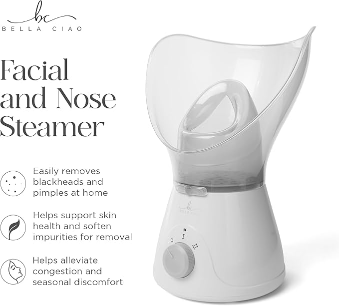 Bella Ciao Face Steamer - Facial Steamer, 11-Piece Home Spa Kit, Nano Ionic Warm Mist, Skin Prep for Serums & Masks, Spa Day Essentials, Facial Kit, Pink White, Corded Electric