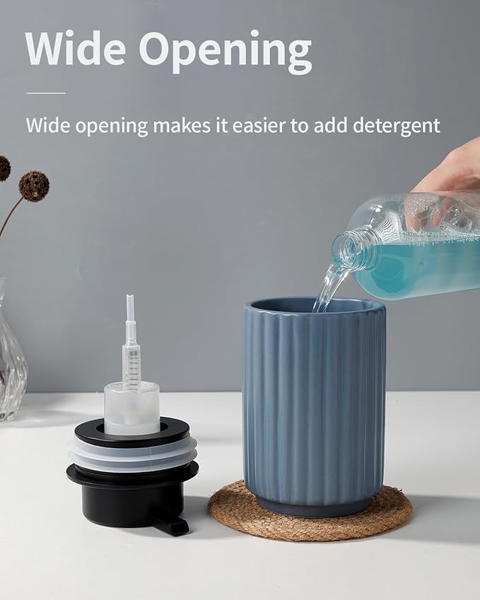 Foaming Soap Dispenser, Ceramic Foam Hand Soap Dispenser with Stripe Design for Kitchen or Bathroom, Refillable Dish Lotion Dispenser, Gray Blue, ANTIS'S HOME