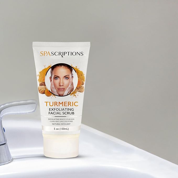 SpaScriptions Turmeric Exfoliating Facial Scrub - Glowing Face Scrub with Natural Exfoliants For Deep Pore Cleansing, Dark Spots, Dull Skin, Blackheads, & Uneven Tone, Ideal for Acne Prone Skin, 5 oz