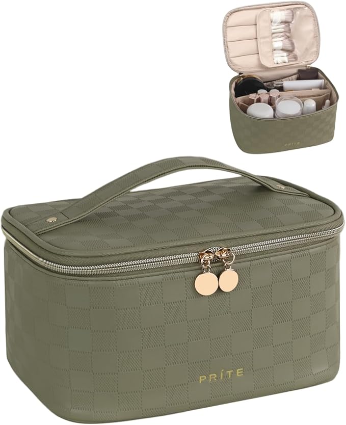 Prite Makeup Bag, Large Capacity Cosmetic Bag for Women and Girls, Waterproof PU Leather Travel Case with Handle, Divider for Skincare and Brushes - Checkered Green