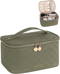 Prite Makeup Bag, Large Capacity Cosmetic Bag for Women and Girls, Waterproof PU Leather Travel Case with Handle, Divider for Skincare and Brushes - Checkered Green