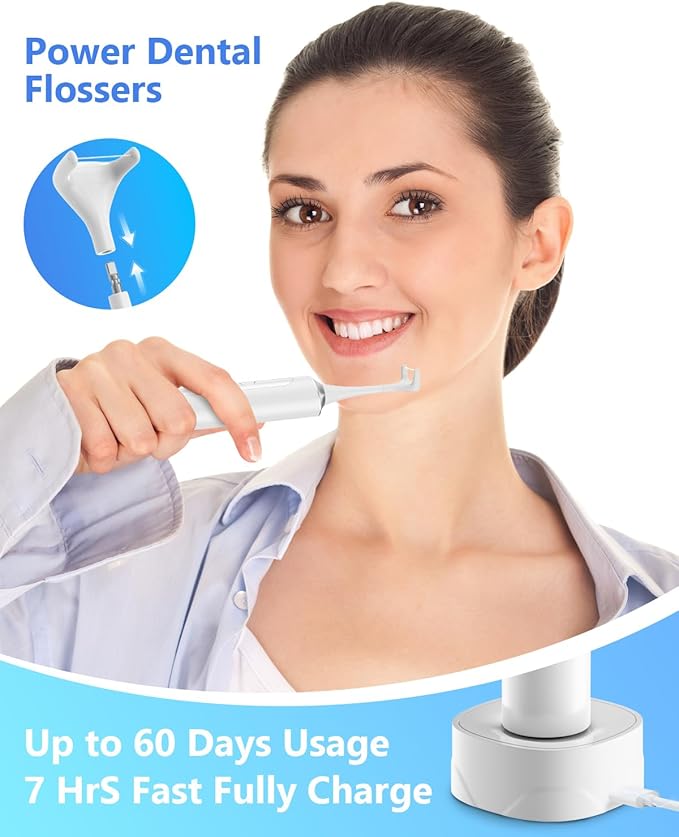 Rechargeable Electric Flosser–4-Speed Dental Flosser with 60 Heads & Tongue Cleaner – contactless Charging Base for Adults & Kids – Dentist-Approved Gum Care & Water Flosser Alternative