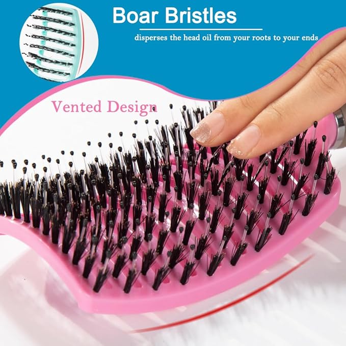 TaiBest Boar Bristle Brush Set - Dry/Wet Detangler for Fine, Thick, Curly Hair - Curved and Vented Brush for Women, Men or Kids