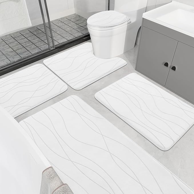 YIHOUSE Bathroom Rugs Set 5 Piece, Memory Foam Bath Mat White