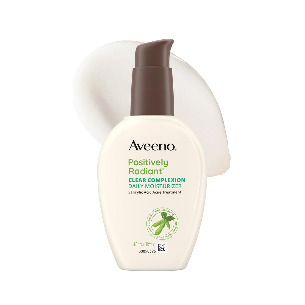 Aveeno Positively Radiant Clear Complexion Face Moisturizer, Acne Facial Lotion with Soy and Salicylic Acid for Oily Skin, Hypoallergenic Formula, Paraben-Free, Non-Comedogenic, Pump, 4 Fl Oz