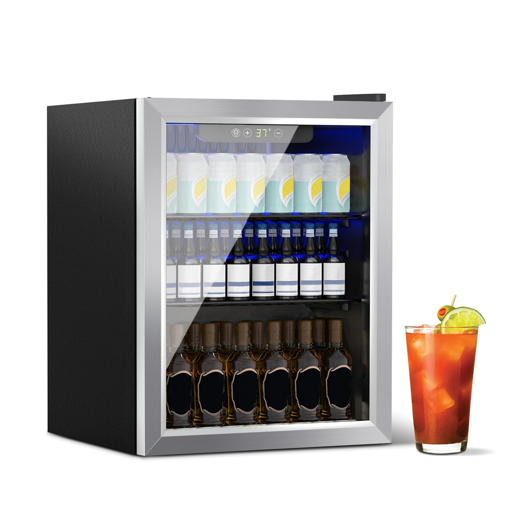 DOGHLY Beverage Refrigerator Cooler, 70 Can Mini Fridge Glass Door for Drinks Soda, Beer, or Wine - Small Refrigerator for Office Bedroom Home Bar, Adjustable Shelves, 1.7 Cu.Ft, Silver