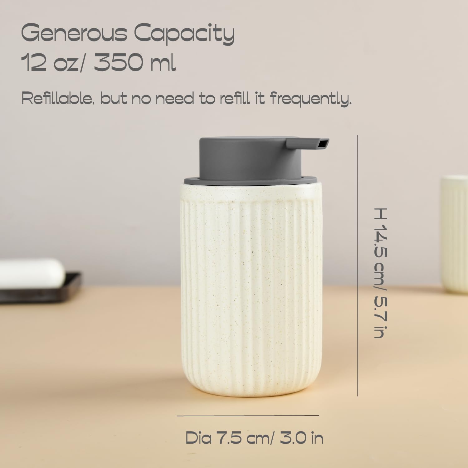 ABBI NIMO Beige Ceramic Foaming Soap Dispenser, Speckled Rippled 12 oz Bottle with Gray Silicone Pump, Foam Dispenser for Kitchen or Bathroom, Speckled Beige