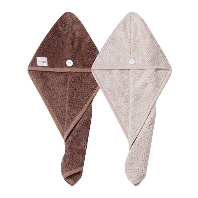 M-bestl 2 Pack Hair Drying Towels,Hair Wrap Towels,Absorbent Microfiber Hair Towel Turban with Button Design to Dry Hair More Quicker（Coffee&Khaki）