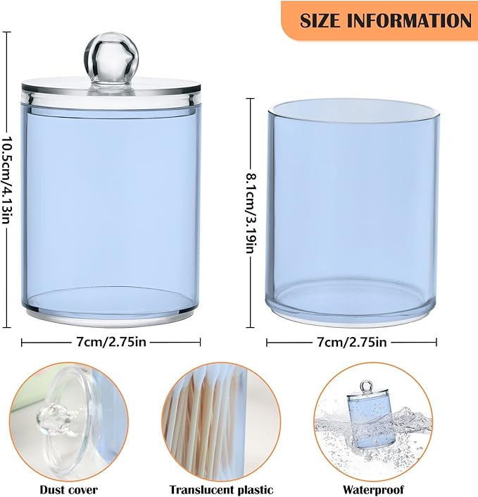 Light Steel Blue Qtip Holder Organizer Dispenser Cotton Swabs Cans Plastic Jars with Lid Set 4 Pack Bathroom Storage Canister for Cotton Ball Floss Cotton Pads