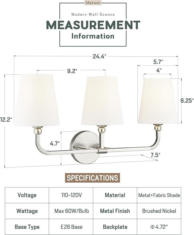 Bathroom Light Fixtures, Brushed Nickel Vanity Lights with Flared White Fabric Shade, 3 Light Wall Sconce, Modern Sconces Wall Lighting for Hallway Bedroom, VL837-BN-3