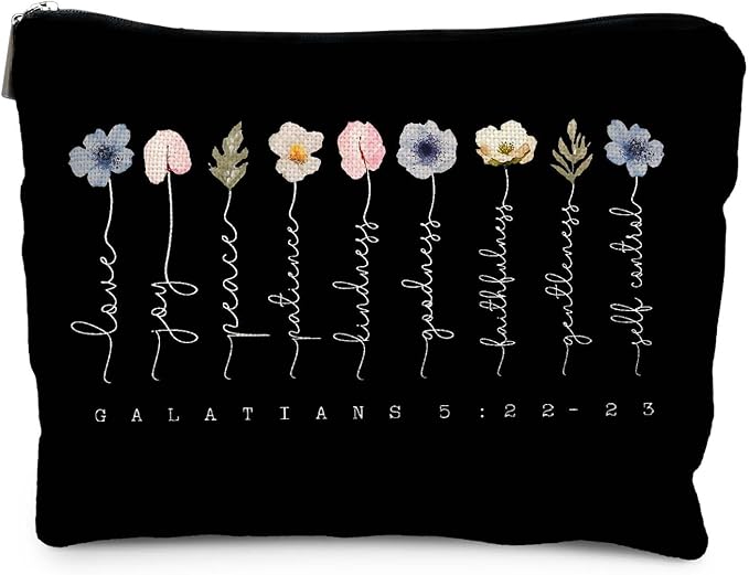 Likjad Christian Gifts Makeup Bag, Floral Christian Cosmetic Bags for Women, Galatians 5:22-23 Bible Verse Makeup Pouch, Faith Based Gifts Zipper Pouch(black)