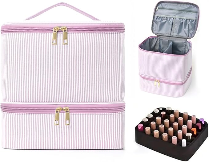 hibear Nail Supplies Organizer Nail Polish Storage Holds 30 BottlesNail Polish Storage Holds 30 Bottles Nail Kit Case Makeup Bag Vanity Case for Women (Striped pink)