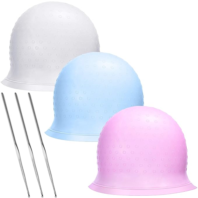 WILLBOND 3 Pcs Hair Coloring Highlighting Cap Reusable Silicone Highlight Cap with Metal Hook Multicolor Pull Through Hair Dye Caps for Home Salon Hairdressing Tools
