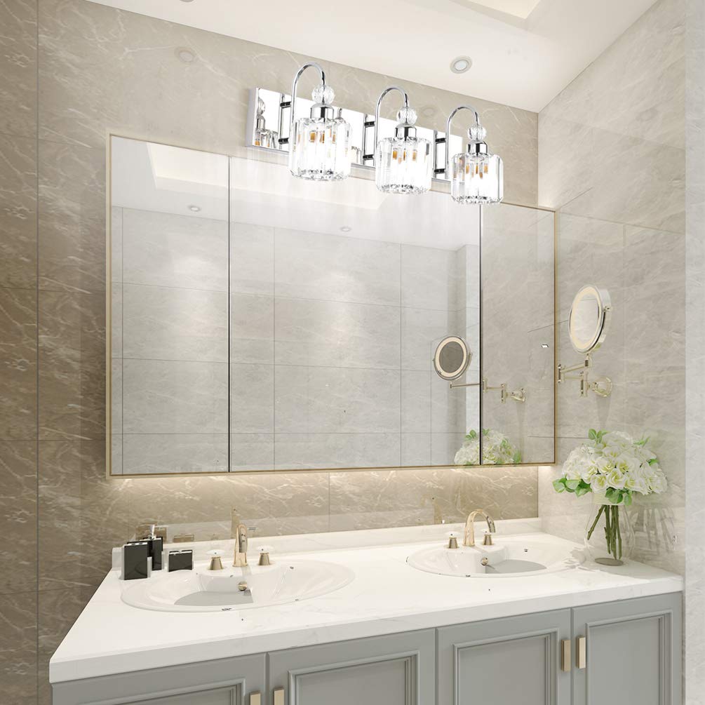 Ralbay Modern LED Crystal Bathroom Vanity Lights 3-Lights Stainless Steel Crystal Vanity Lights Over Mirror Modern Crystal Bathroom Vanity Lighting Fixtures