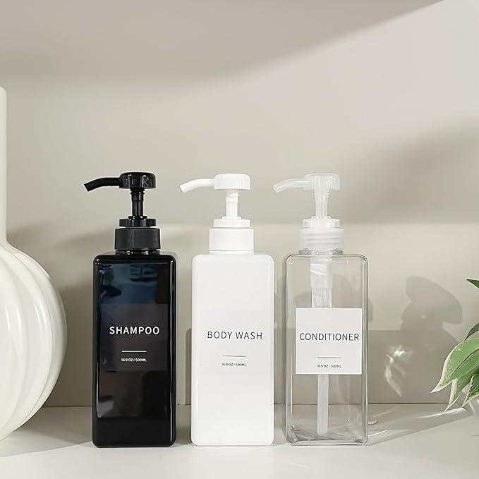 Shampoo and Conditioner Dispenser, Refillable Plastic Shampoo Pump Bottles with Waterproof Labels, Empty Body Wash Dispenser Set for Bathroom, Shower Soap Bottles (Clear, Set of 3, 16.9oz)
