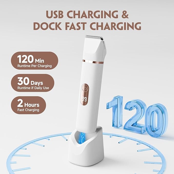 Bikini Trimmer for Women, Tiovara Painless Electric Razors Shaver IPX7 Waterproof Cordless Body Hair Trimmer Pubic Hair Removal with USB Charge Dock for Underarm Leg Arm Body Face Silk Skin (White)