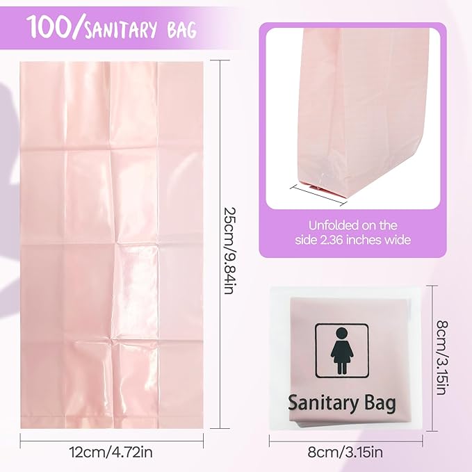 Sanitary Napkin Disposal Bags, Individually Wrapped, 100 Pack Feminine Hygiene Disposal Bags for Pads, Tampons, Privacy Protection, Pink
