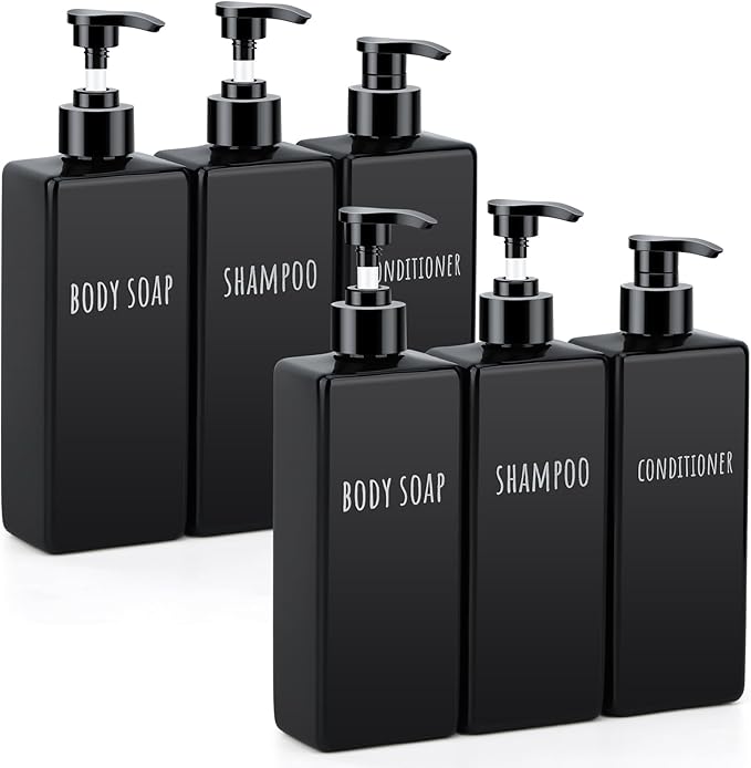 Segbeauty 6pcs 16.9oz Refillable Soap Dispenser Set, Empty Plastic Hand Soap Dispenser, 500ml Square Black Hand Wash Dispensers, Press Pump Shampoo and Conditioner Bottle for Shower Bathroom Kitchen
