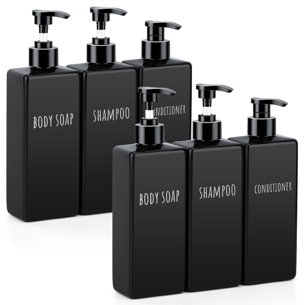 Segbeauty 6pcs 16.9oz Refillable Soap Dispenser Set, Empty Plastic Hand Soap Dispenser, 500ml Square Black Hand Wash Dispensers, Press Pump Shampoo and Conditioner Bottle for Shower Bathroom Kitchen
