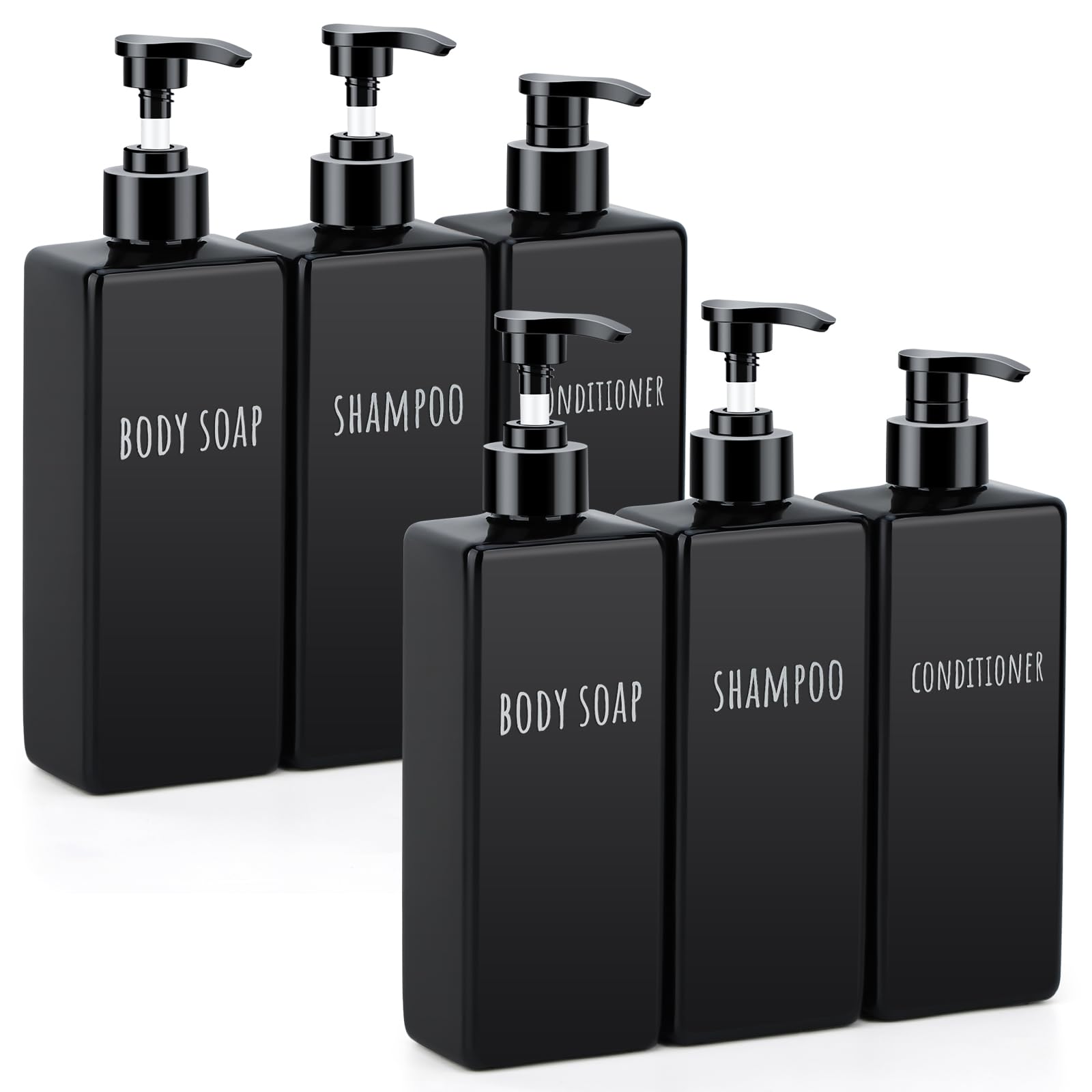 Segbeauty 6pcs 16.9oz Refillable Soap Dispenser Set, Empty Plastic Hand Soap Dispenser, 500ml Square Black Hand Wash Dispensers, Press Pump Shampoo and Conditioner Bottle for Shower Bathroom Kitchen