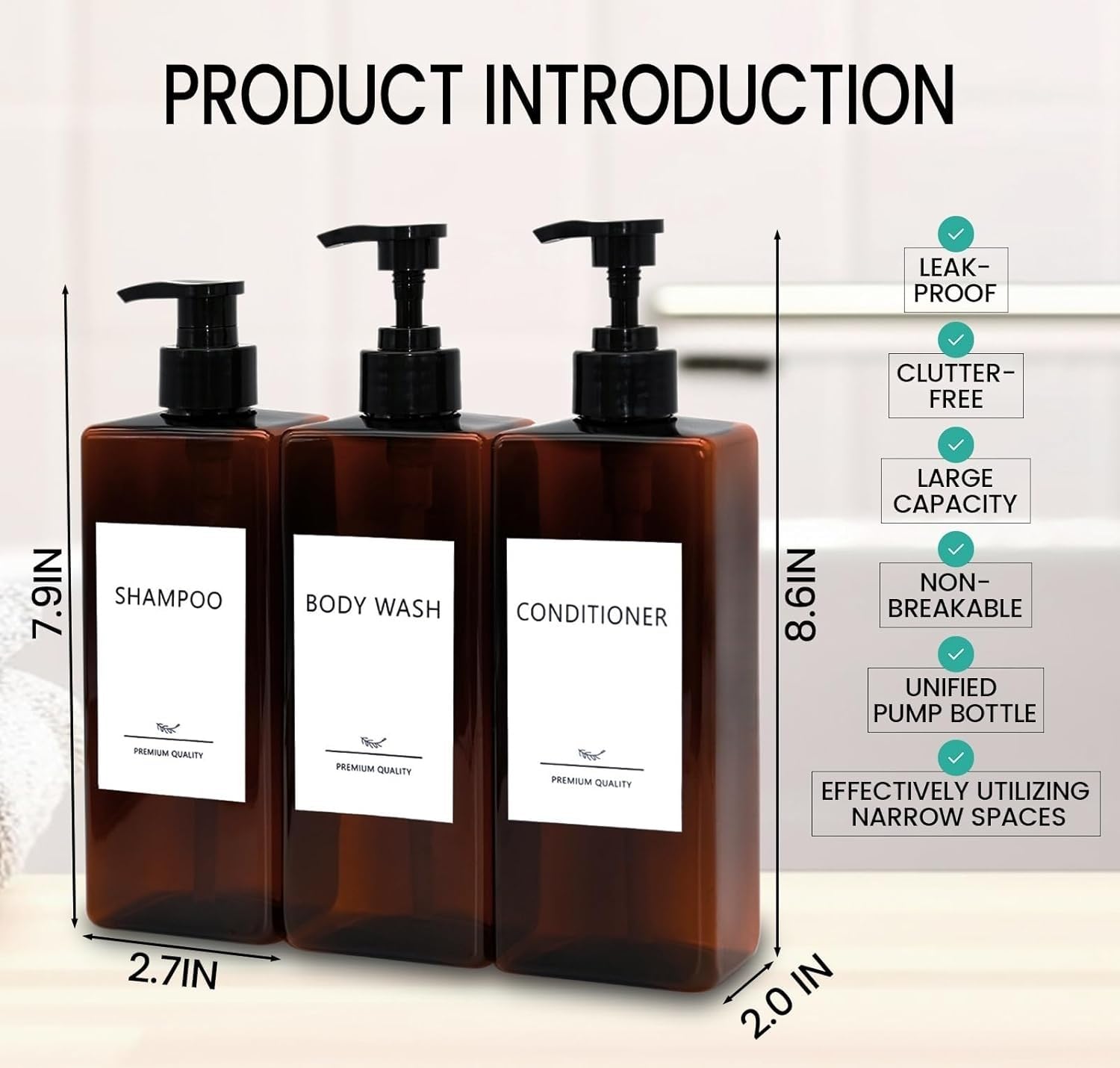 Shampoo and Conditioner Dispenser Set, 3Pack Refillable Shampoo and Conditioner Bottles with Labels, 500ml Soap Dispenser 16.9oz Shower Dispenser Square Pump Bottle for Bathroom and Kitchen - Amber