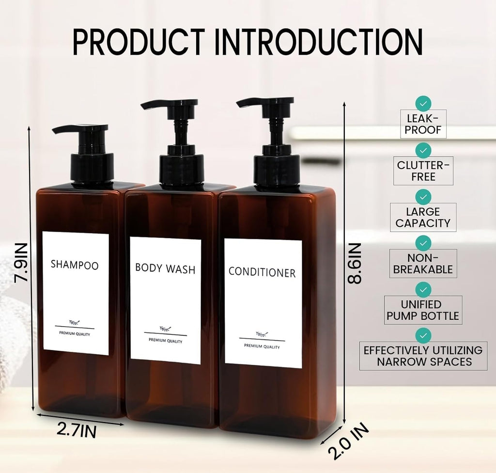Shampoo and Conditioner Dispenser Set, 3Pack Refillable Shampoo and Conditioner Bottles with Labels, 500ml Soap Dispenser 16.9oz Shower Dispenser Square Pump Bottle for Bathroom and Kitchen - Amber