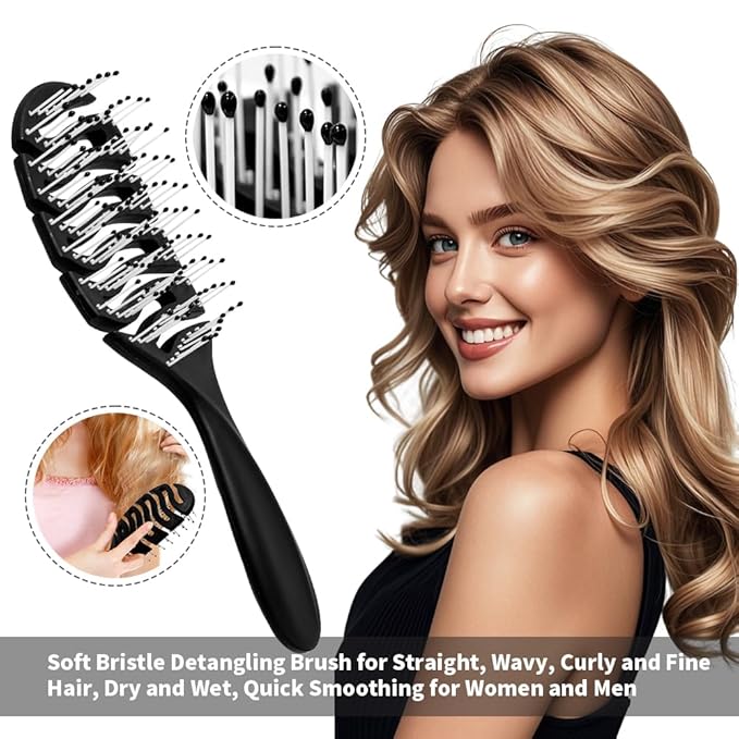 Detangler Hairbrush, Soft Bristle Detangling Brush for Straight, Wavy, Curly and Fine Hair, Dry and Wet, Quick Smoothing for Women and Men（Black）