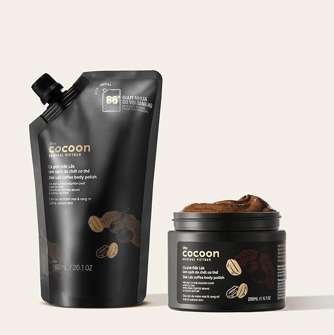 Cocoon Dak Lak Coffee Body Scrub with Refill Pouch, Exfoliating and Smoothing Coffee Body Polish for Soft, Radiant Skin, Vegan Body Exfoliator Set, 27 fl oz