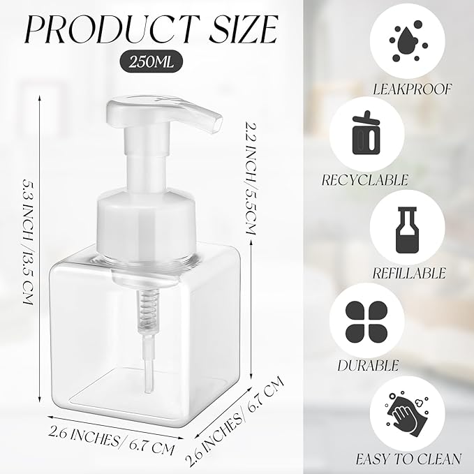 Domensi Foaming Soap Dispenser 8.5 oz Foam Pump Bottle Bulk Empty Travel Foaming Dispenser Refillable Hand Soap Plastic Pump Bottle Travel Clear Container for Bathroom Vanities(12 Pcs,White)