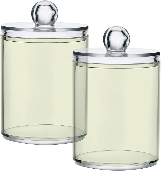Beige Qtip Holder Organizer Dispenser Cotton Swabs Cans Plastic Jars with Lid Set 4 Pack Bathroom Storage Canister for Cotton Ball Floss Cotton Pads