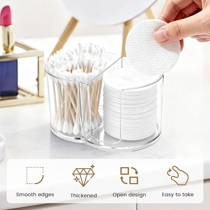 Axrivonte Qtip Holder Dispenser,Dual-Compartment Cotton Swab & Cotton Pad Organizer with Removable Dustproo-f Lid,Compact Countertop Storage Container(Clear)