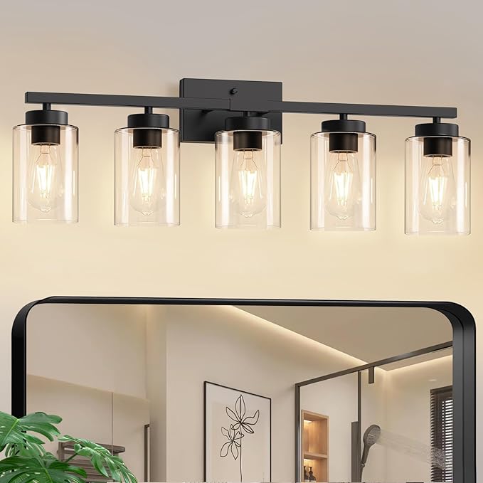IZORRO Modern Bathroom Light Fixtures, 5 Light Black Vanity Lights, Bathroom Lighting Fixtures Over Mirror with Clear Glass for Living Room Cabinet Bedroom