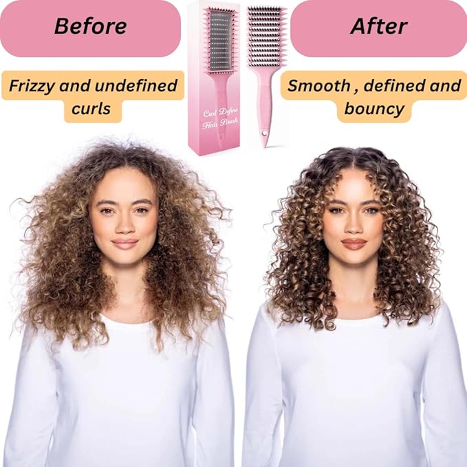 Curl Defining Brush with Hair Clips – Detangling Tool for Wet or Dry Styling, Ideal for Curly Hair, Women & Girls (Pink)