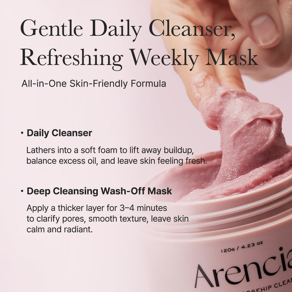 Arencia Rosehip Rice Mochi Face Cleanser & Daily Scrub - Moisturizing, Exfoliating & Deep-Cleansing - All Skin Types with Rice Powder & Rice Water (4.23oz)