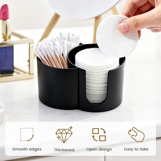 Axrivonte Qtip Holder Dispenser,Dual-Compartment Cotton Swab & Cotton Pad Organizer with Removable Dustproo-f Lid,Compact Countertop Storage Container(Black)