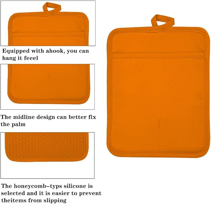 VEIKERY Oven Pot Holder with Pocket Cotton Heat Resistant Coaster Potholder Kitchen Hot Pad Oven Mitts for Cooking and Baking Square 7"x9" (Orange, Silicone)
