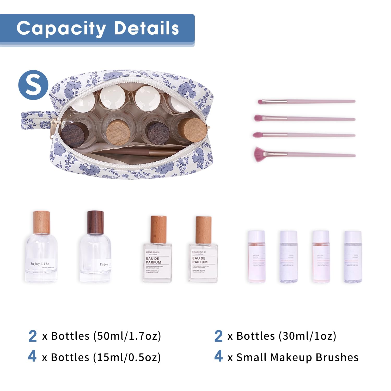 Narwey Small Makeup Bag for Purse Travel Makeup Pouch Mini Cosmetic Bag Zipper Pouch for Women (Little Grayish Blue Flower, Small)