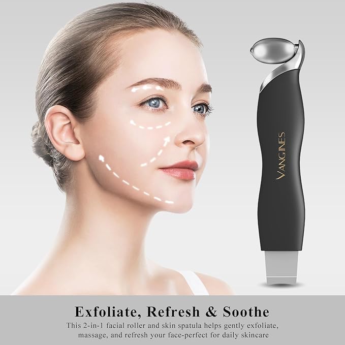 Vangines Blackhead Remover Tool with Ice Roller, Stainless Steel Face Scraper, Skin Scrubber Face Spatula for Deep Cleansing, 3-in-1 Skin Care Tool with 2 Silicone Brush Heads (Charcoal Black)