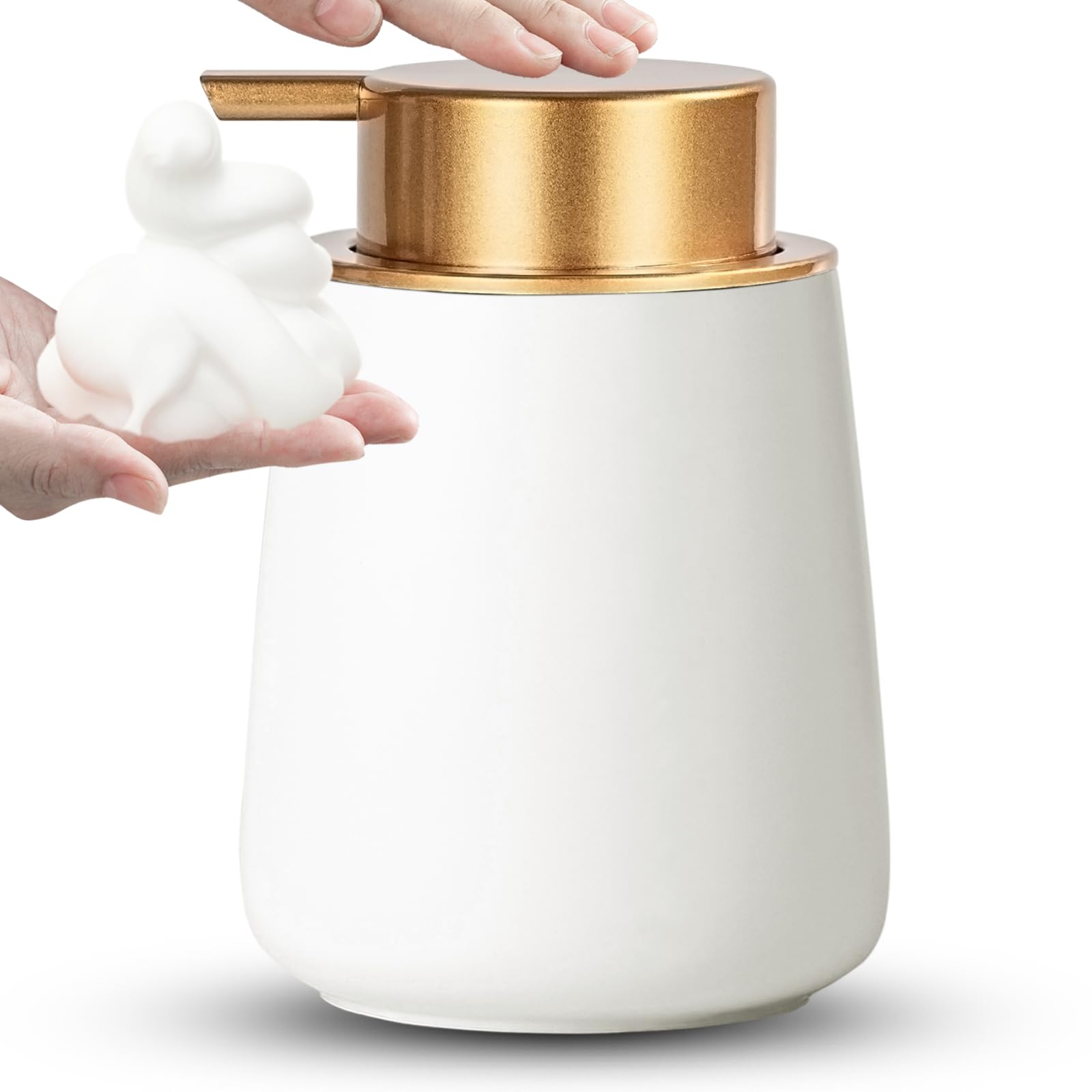 AZMOYAC Foaming Soap Dispenser - 12 Oz White Ceramic Foam Hand Soap Dispenser for Bathroom, Face Wash Dispenser Bottle with Matte Golden Foam Pump, Refillable Dish Dispenser for Kitchen