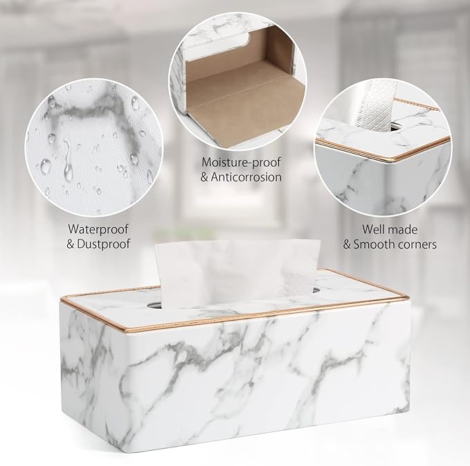 Tissue Box Cover, PU Leather Tissue Box Holder Rectangular Tissue Holders for Home/Office/Car Decoration 9.84"X5.23"X3.77" - Phnom Penh Marble