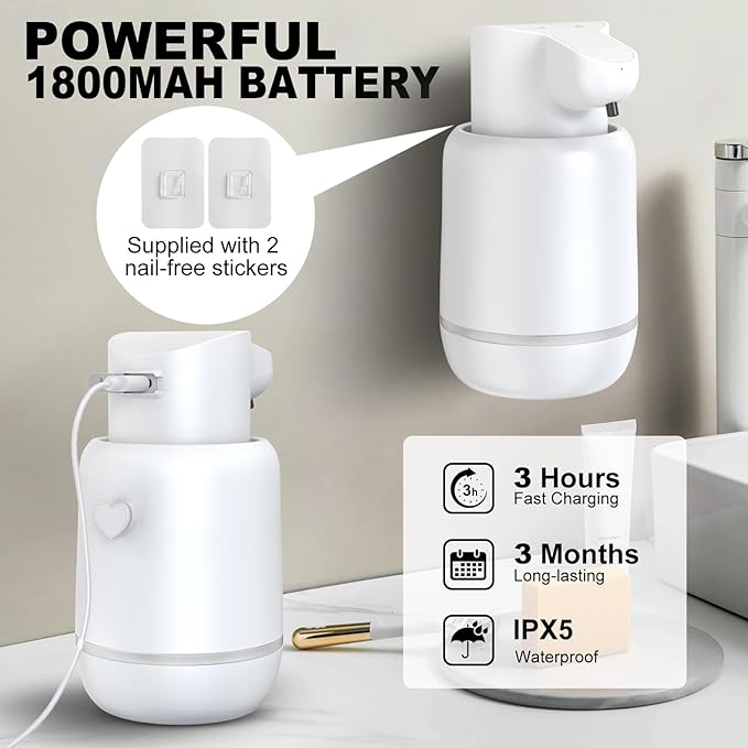 Automatic Soap Dispenser, Rechargeable & Touchless with 4 Adjustable Levels, 15oz/420ml, Waterproof, Wall Mountable for Kitchen, Bathroom, Hotel (Foam, White)