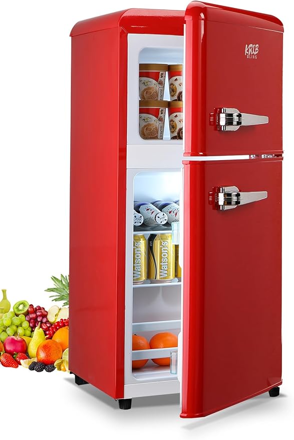 KRIB BLING Mini Fridge With Freezer,Refrigerator With 2 Doors,7- Level Adjustable Thermostat, Removable Glass Shelves For Bedroom, Office, Kitchen, Apartment, Dorm, 3.5 Cu. Ft Red
