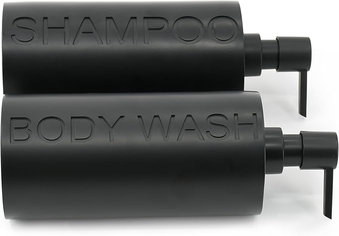 2-Pack Matte Black Resin Refillable Shampoo & Body Wash Bottles – Modern Bathroom Pump Dispenser Set, Durable Resin Shower Containers with Embossed Labels, Reusable Pump Bottle