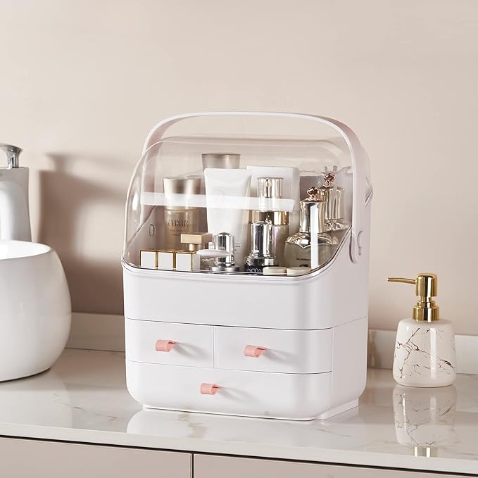 SUNFICON Makeup Organizer Cosmetic Organizer Makeup Storage Holder Box Crystal Clear Lid w Handheld 3 Drawers Dustproof Waterproof for Vanity Bathroom Countertop Birthday