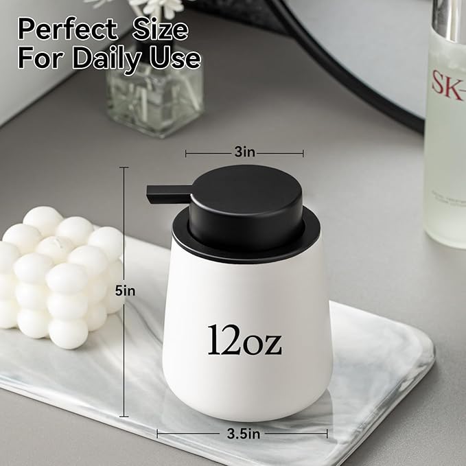 AZMOYAC Foaming Soap Dispenser - 12 OZ White Ceramic Foam Soap Dispenser for Bathroom, Hand Wash Dispenser Bottle with Black Foaming Pump, Refillable Dish Dispenser Kitchen
