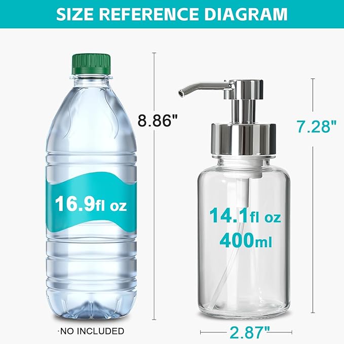 RACOBOT Foaming Soap Dispenser, 14.1 oz/400ml Foaming Hand Soap Dispenser, 2 Pack Glass Foaming Dispenser for Bathroom & Kitchen, Clear Refillable Liquid Dispenser Bottle with Waterproof Labels