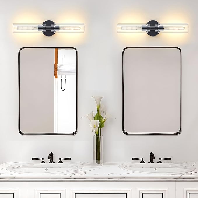 2-Light Black Bathroom Light Fixtures Over Mirror Modern Farmhouse Vanity Light Wall Lighting with Clear Glass Shade for Bathroom, Bedroom, Hallway, Cabinet