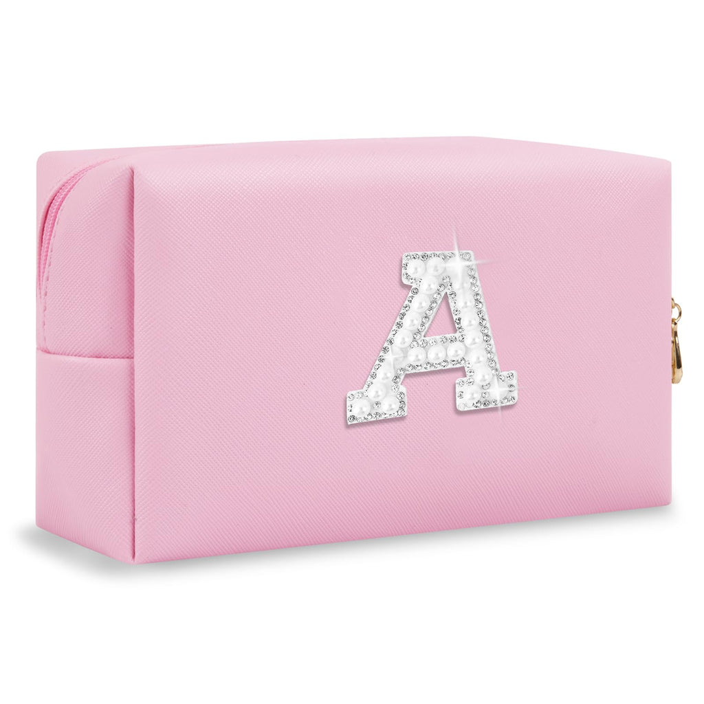 Bride Gifts – Personalized Initial Makeup Bag with Pearl Rhinestone Patch, Preppy White Monogram Cosmetic/Toiletry Pouch, bridesmaid Gifts, Bridal Shower Gifts, Wedding Gifts, Bridal Gifts,U — A