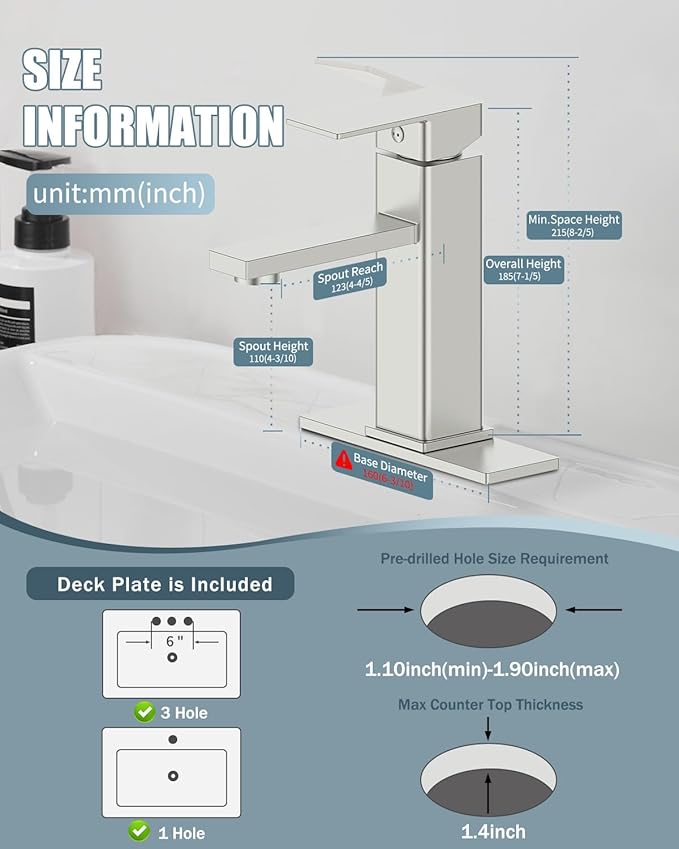 Bathroom Faucet-2 Sets, Brushed Bathroom Sink Faucets with Pop-up Drain and 6 Inch Deck Plate, Single Handle Modern Farmhouse RV Vanity Faucet for Vessel Sink (1~3 Holes)